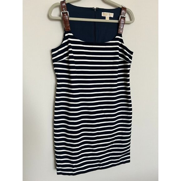 MICHAEL - Michael Kors Navy Blue & WHite Striped Buckle Sleeves - Size Large - Picture 1 of 8